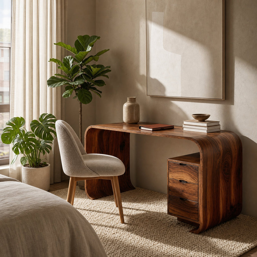 Modern Wooden Writing Desk With Curved Frame For Workspace