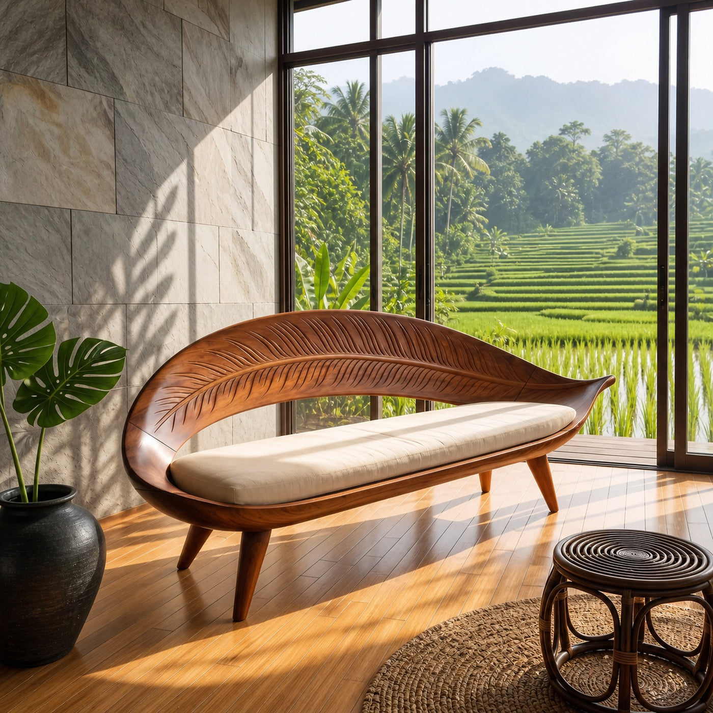 Modern Woven Leaf Shape Bench For Garden Interior Space