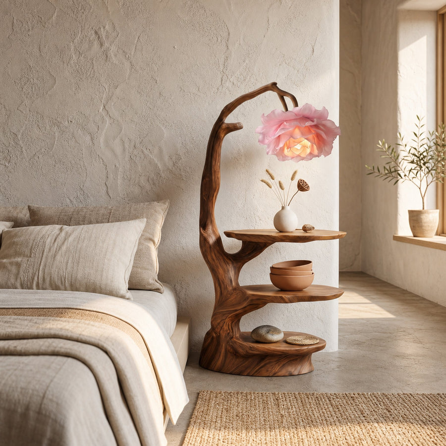 Natural End Table With Tree Branch Form And Flower Lamp For Bedroom And Reading Nook