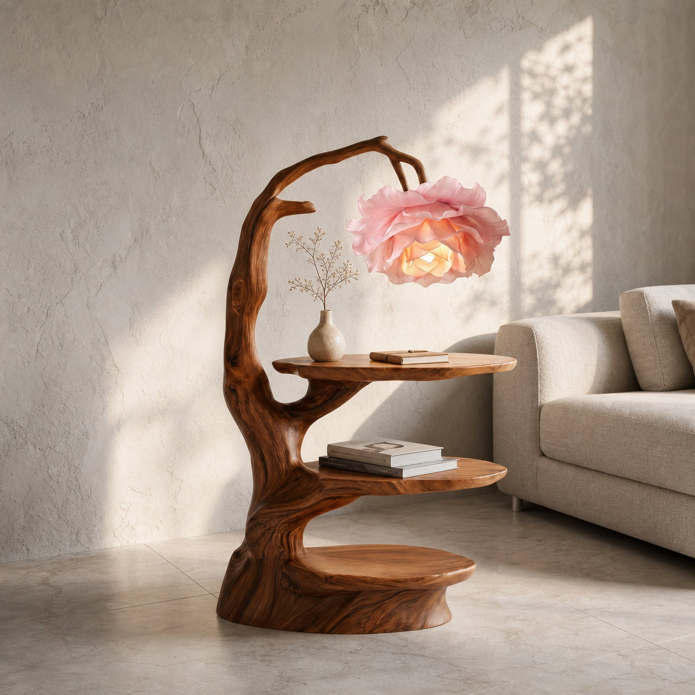 Natural End Table With Tree Branch Form And Flower Lamp For Bedroom And Reading Nook - product view 6