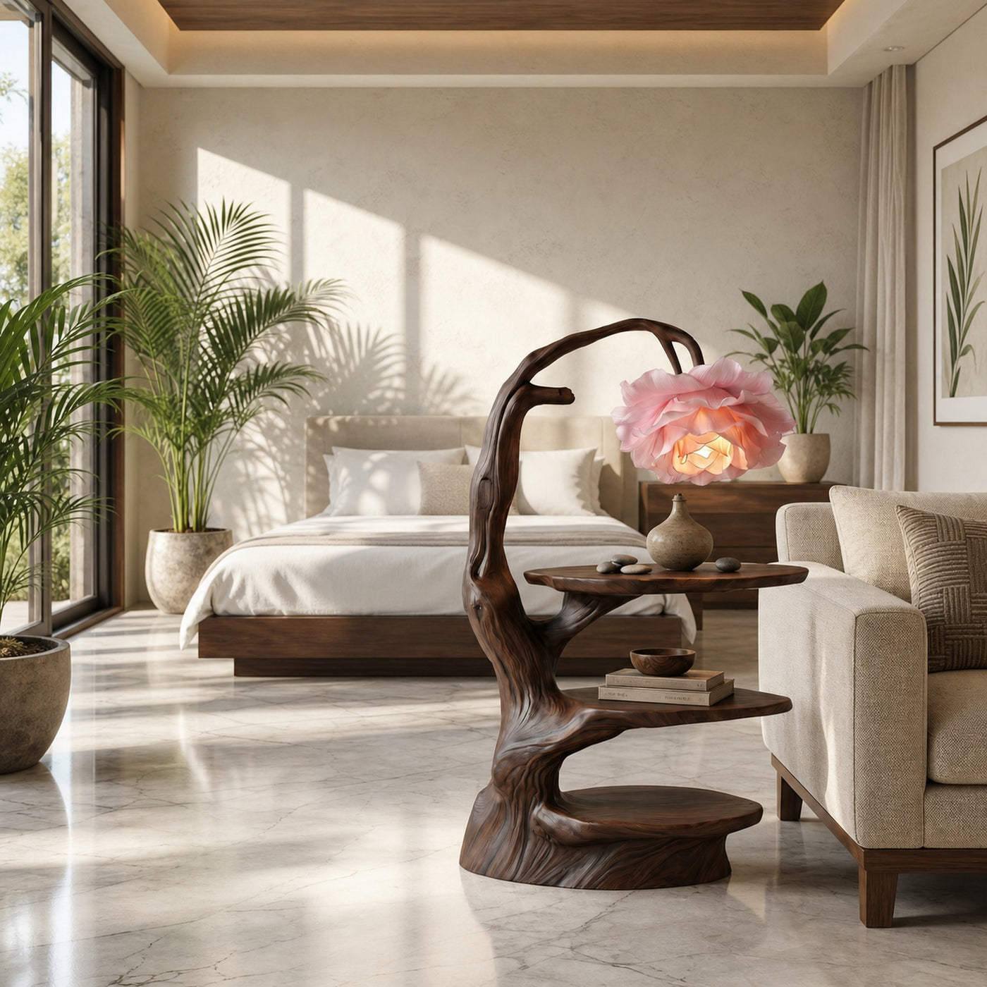 Natural End Table With Tree Branch Form And Flower Lamp For Bedroom And Reading Nook - product view 7