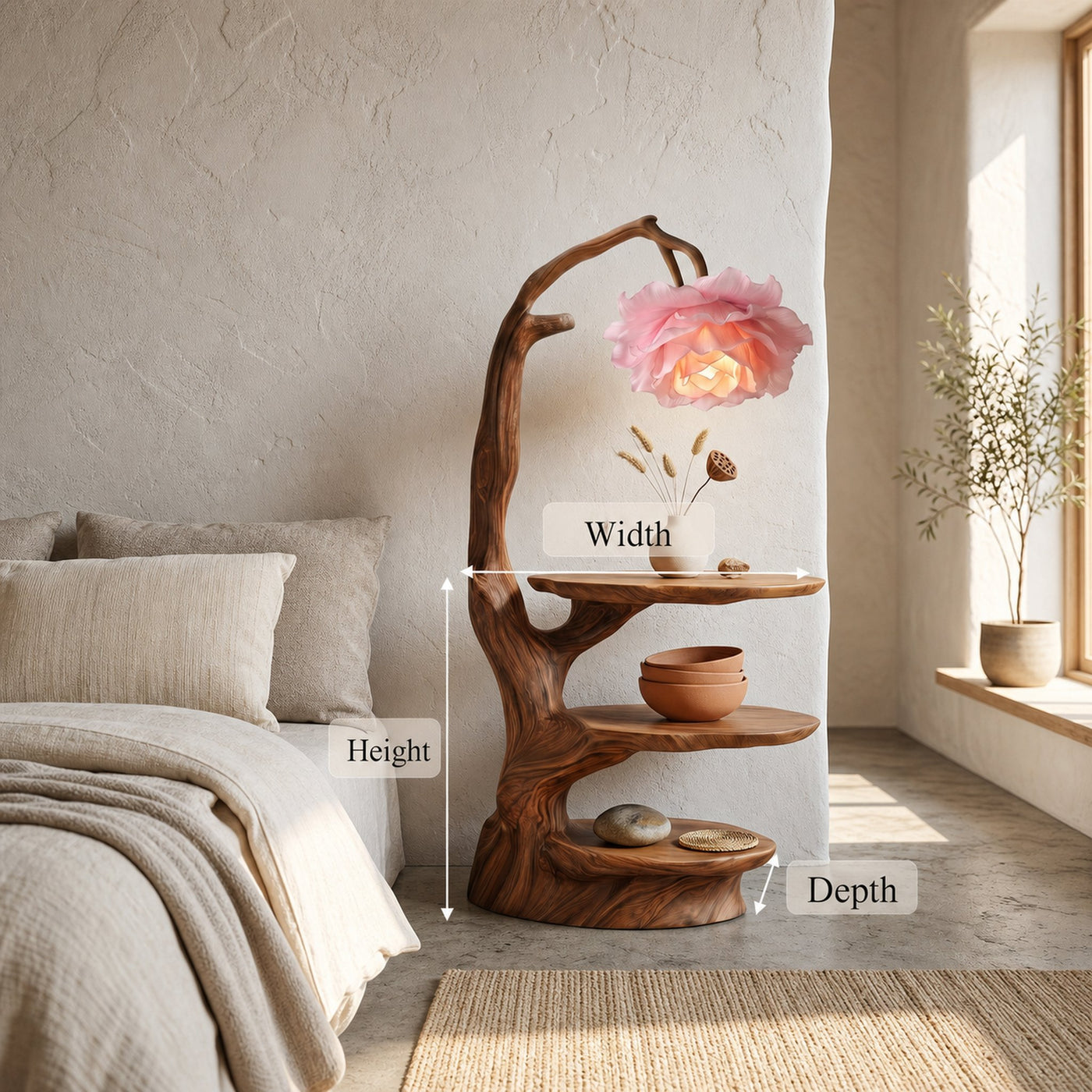 Natural End Table With Tree Branch Form And Flower Lamp For Bedroom And Reading Nook - product view 8