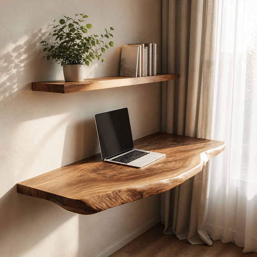 Natural Grain Solid Wood Floating Workspace Desk Interior