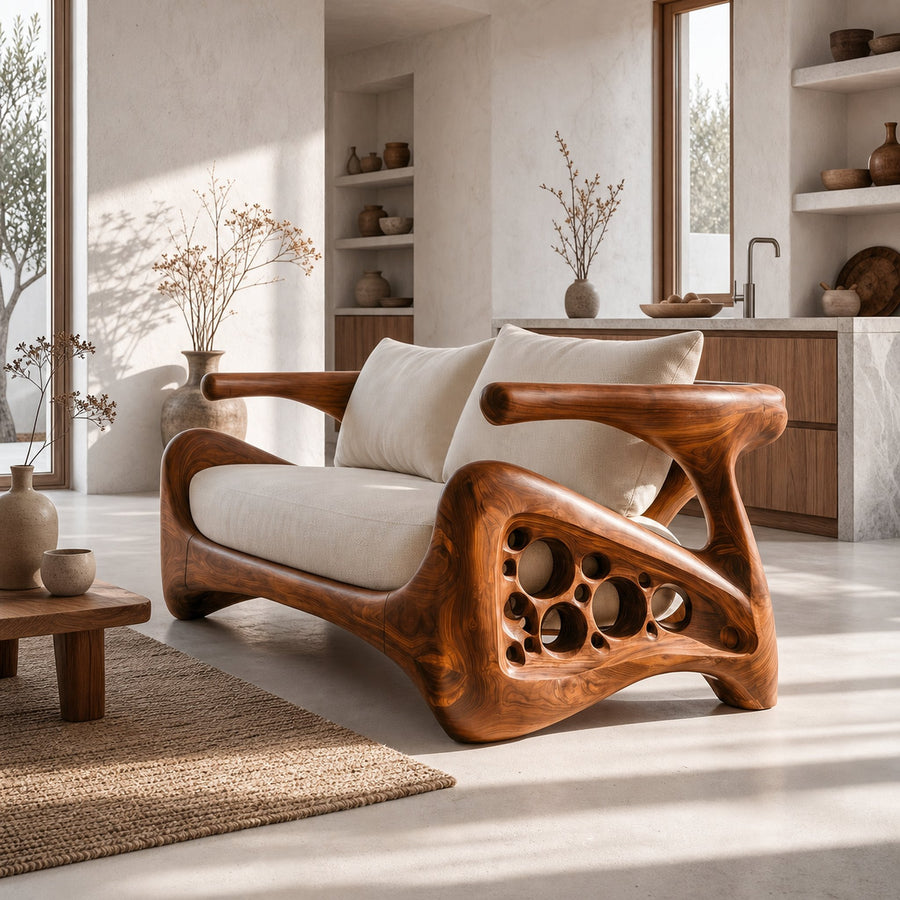 Natural Sofa Frame With Bold Sculptural Armrests For Living Room