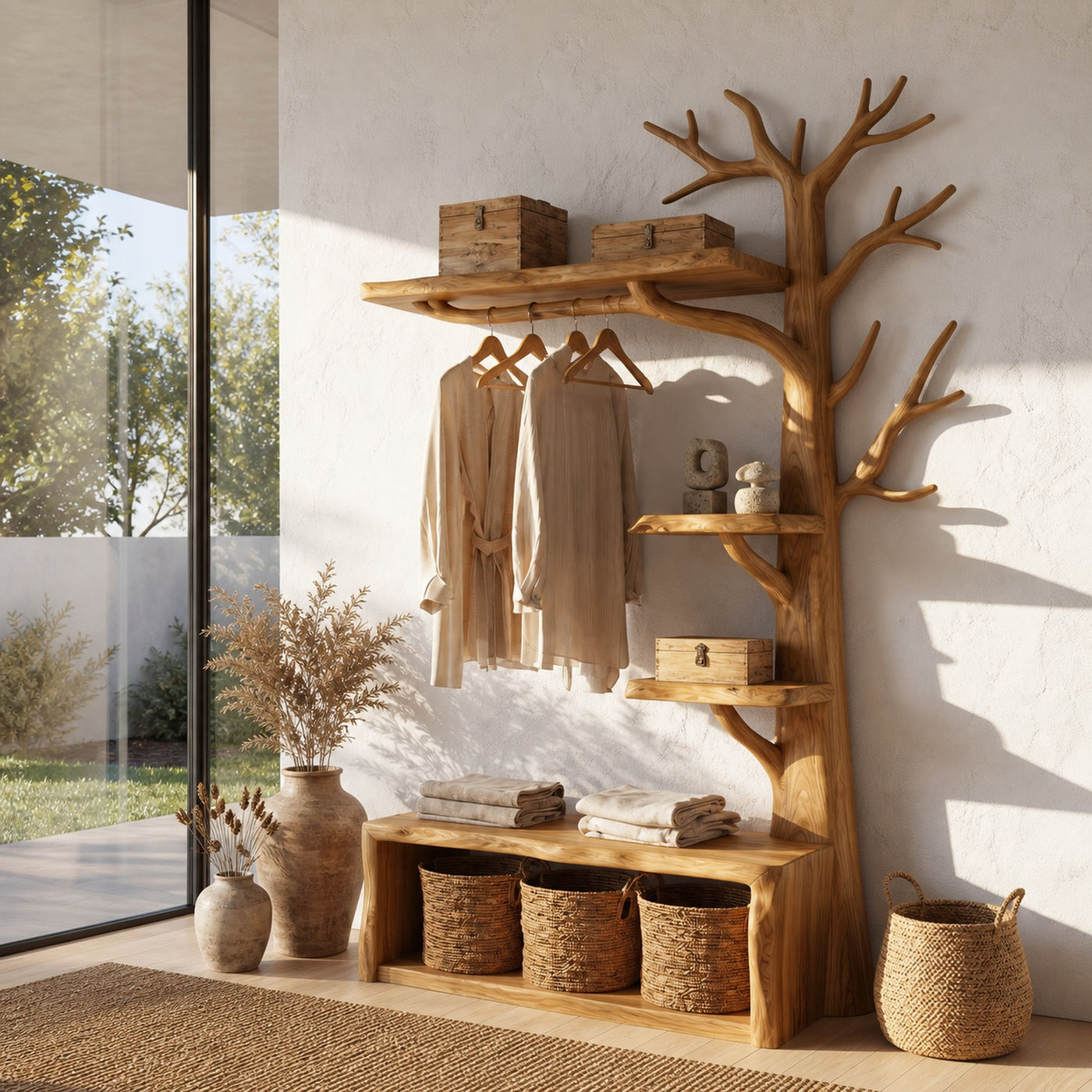 Natural Tree Coat Rack Bench Entryway And Hallway