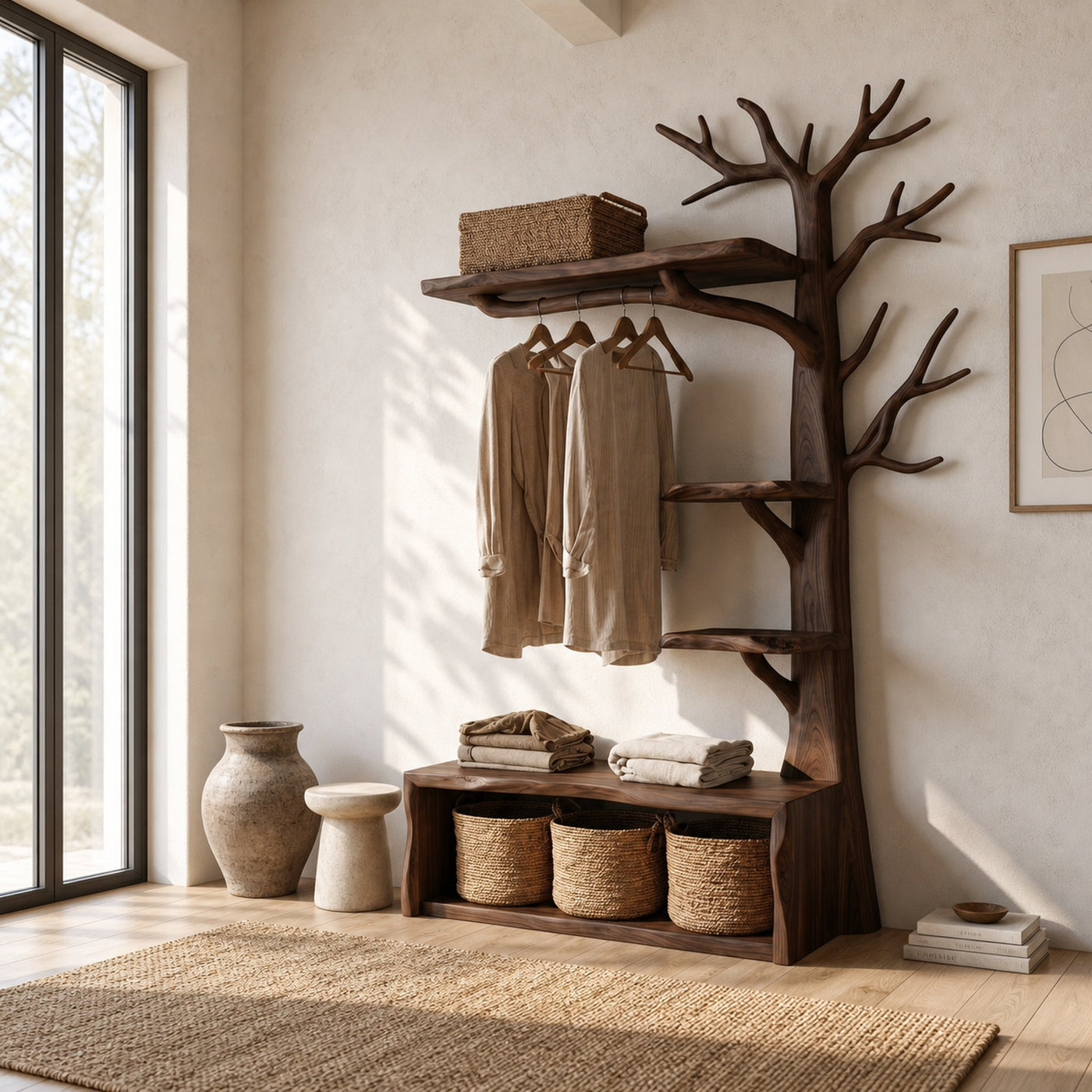 Natural Tree Coat Rack Bench Entryway And Hallway - product view 7