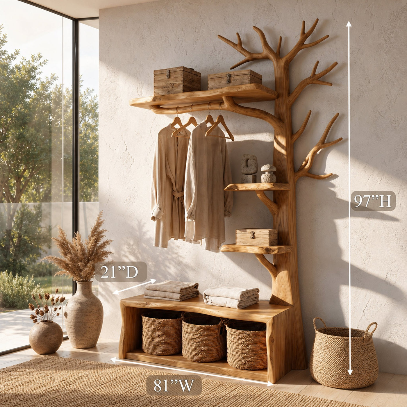 Natural Tree Coat Rack Bench Entryway And Hallway - product view 8