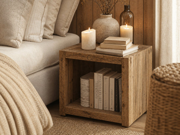 Natural Wooden Standing Nightstand With Open Storage