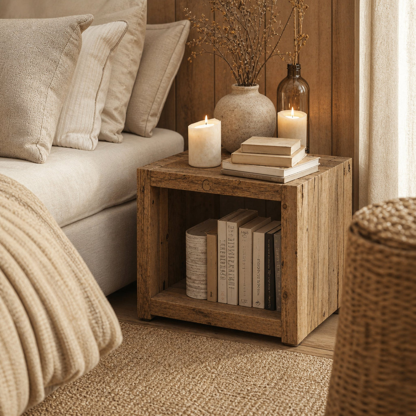 Natural Wooden Standing Nightstand With Open Storage