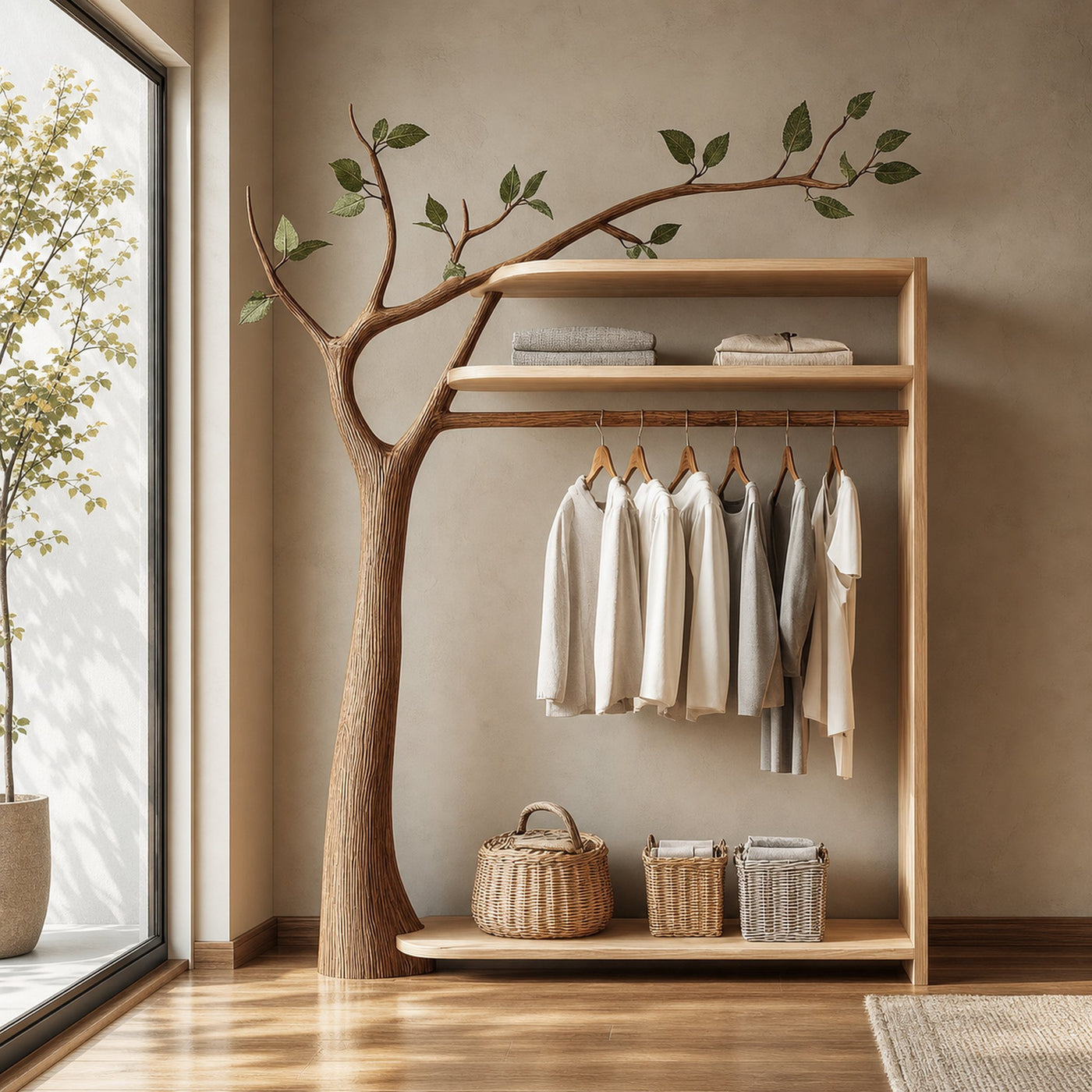 Nature Inspired Wooden Tree Clothing Rack Modern Bedroom