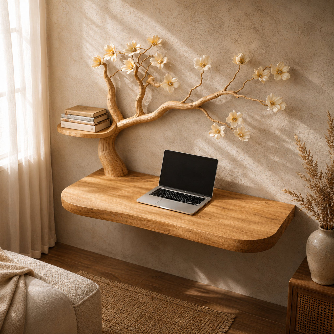 Organic Artistic Floating Desk With Floral Tree Sculpture For Home Office