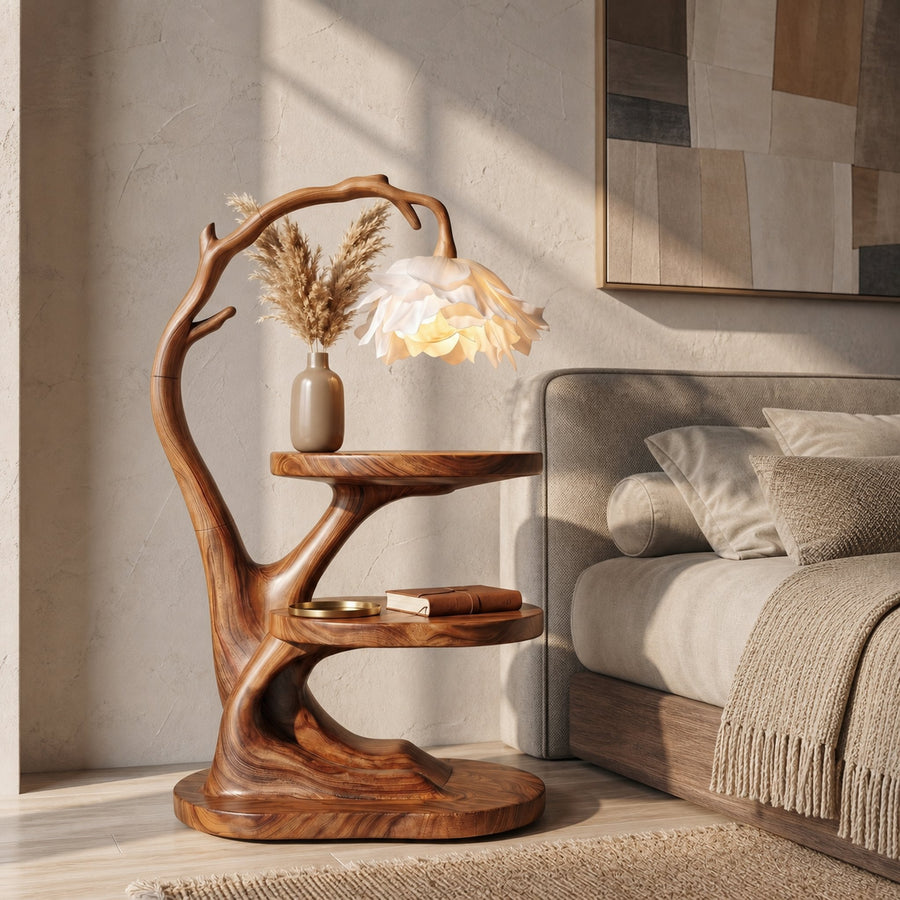 Organic Bedside Table With Sculptural Flower Lamp For Bedroom And Reading Nook