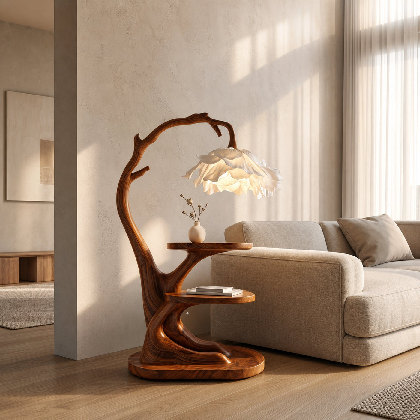Organic Bedside Table With Sculptural Flower Lamp For Bedroom And Reading Nook - product view 6