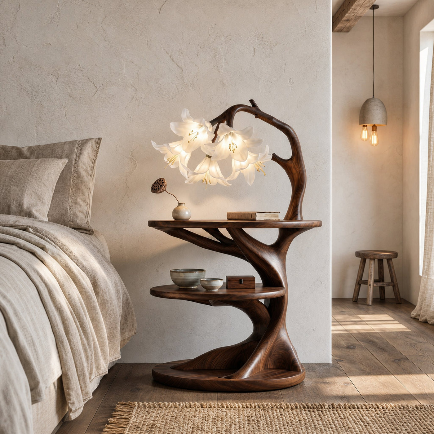 Organic Bedside Table With Sculptural Flower Lamp For Bedroom And Reading Nook - product view 7