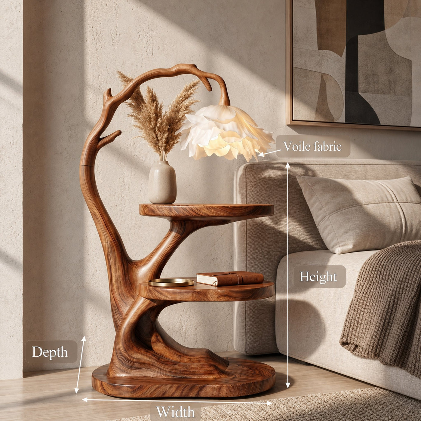 Organic Bedside Table With Sculptural Flower Lamp For Bedroom And Reading Nook - product view 8