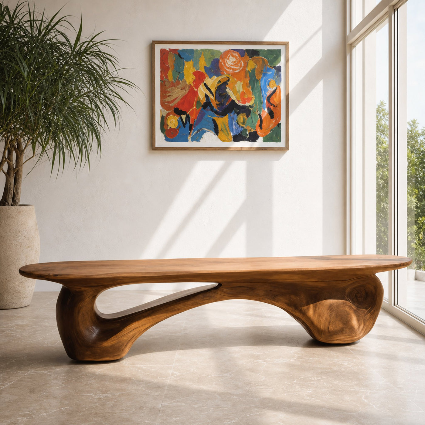 Organic Bench With Carved Design For Living Room