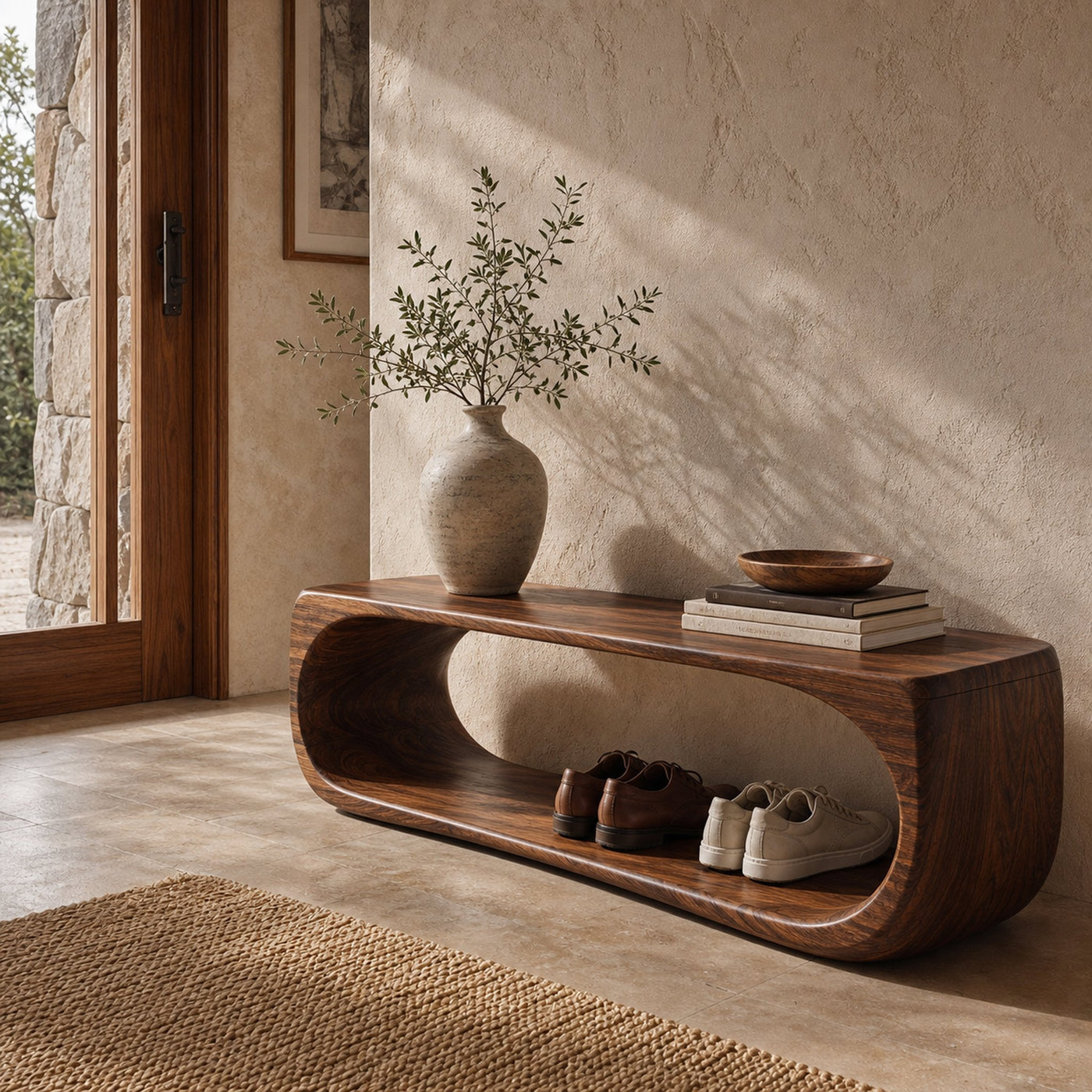 Organic Bench With Sculptural Curved Base And Open Storage Shelf For Entryway