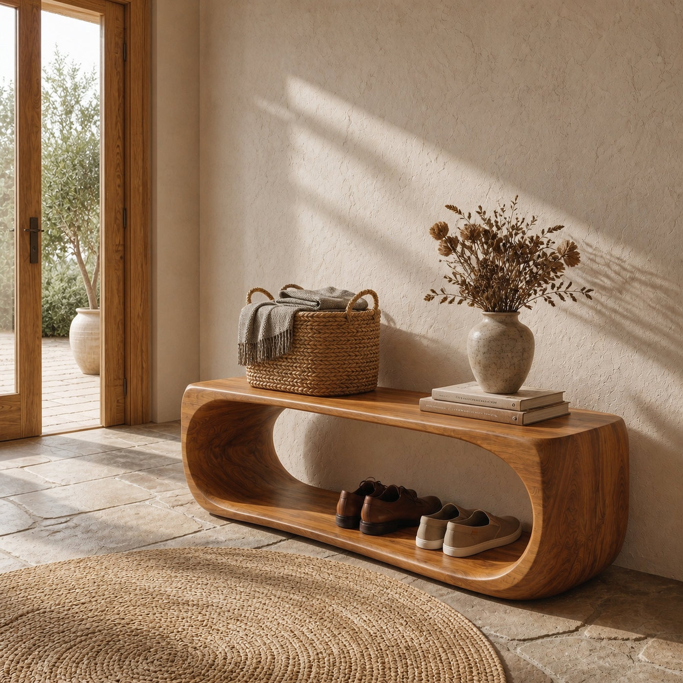 Organic Bench With Sculptural Curved Base And Open Storage Shelf For Entryway - product view 6
