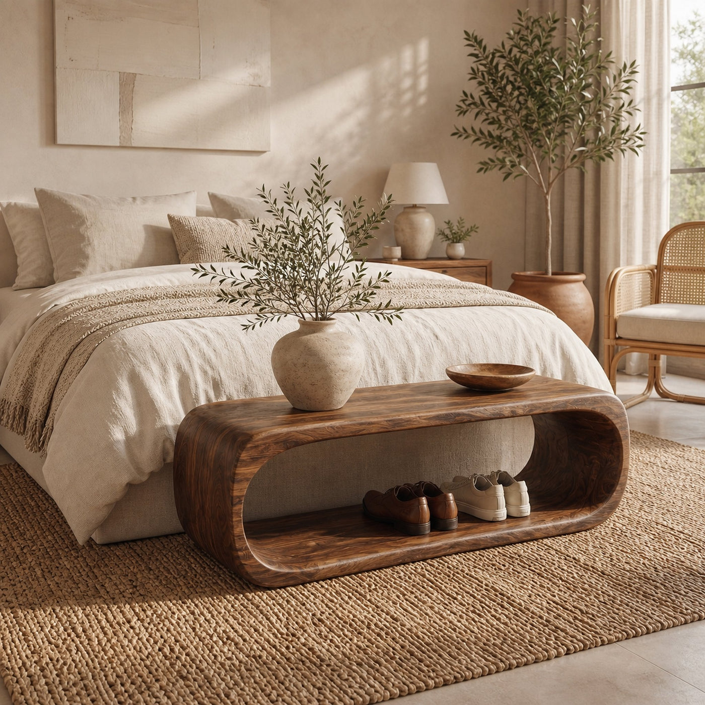 Organic Bench With Sculptural Curved Base And Open Storage Shelf For Entryway - product view 7