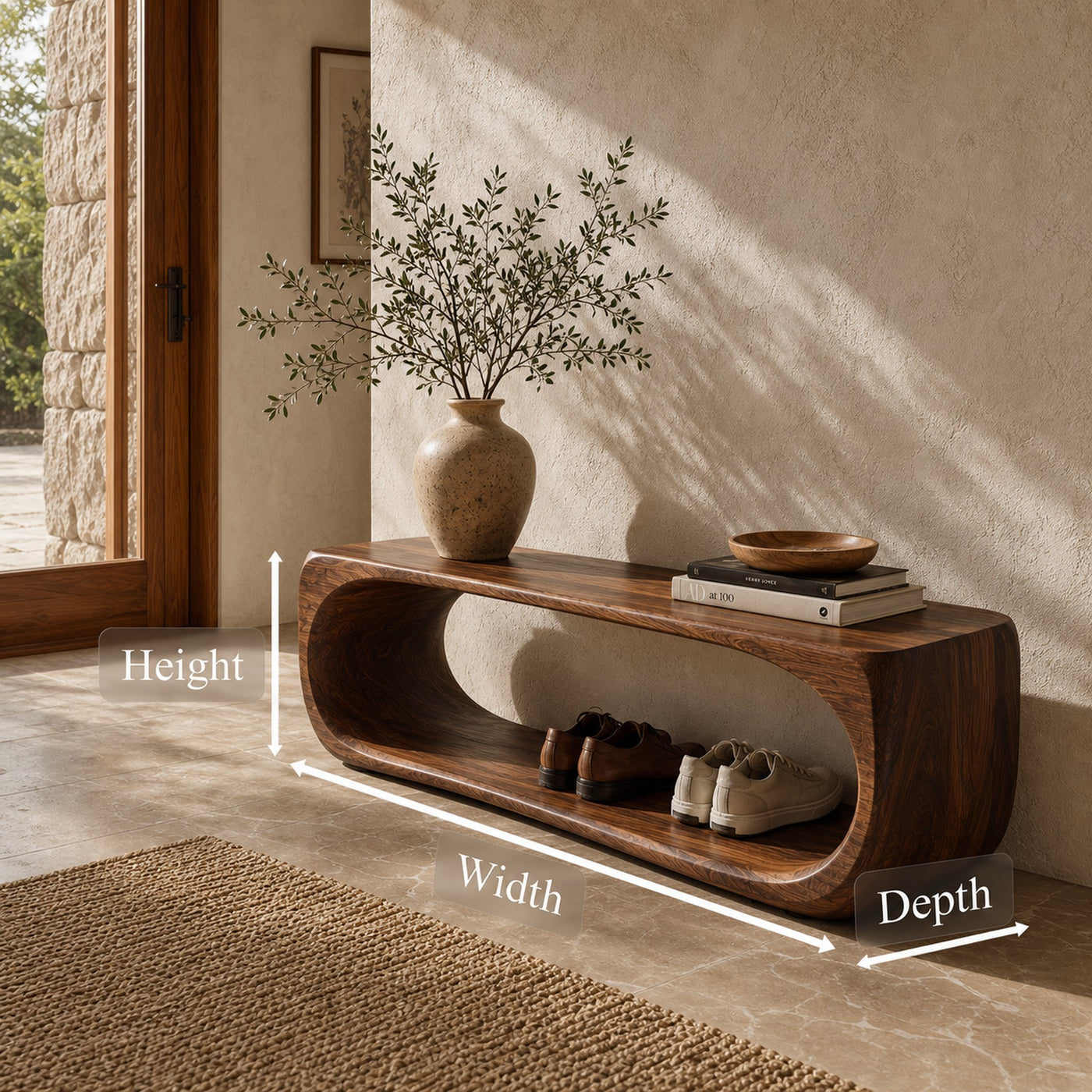 Organic Bench With Sculptural Curved Base And Open Storage Shelf For Entryway - product view 8