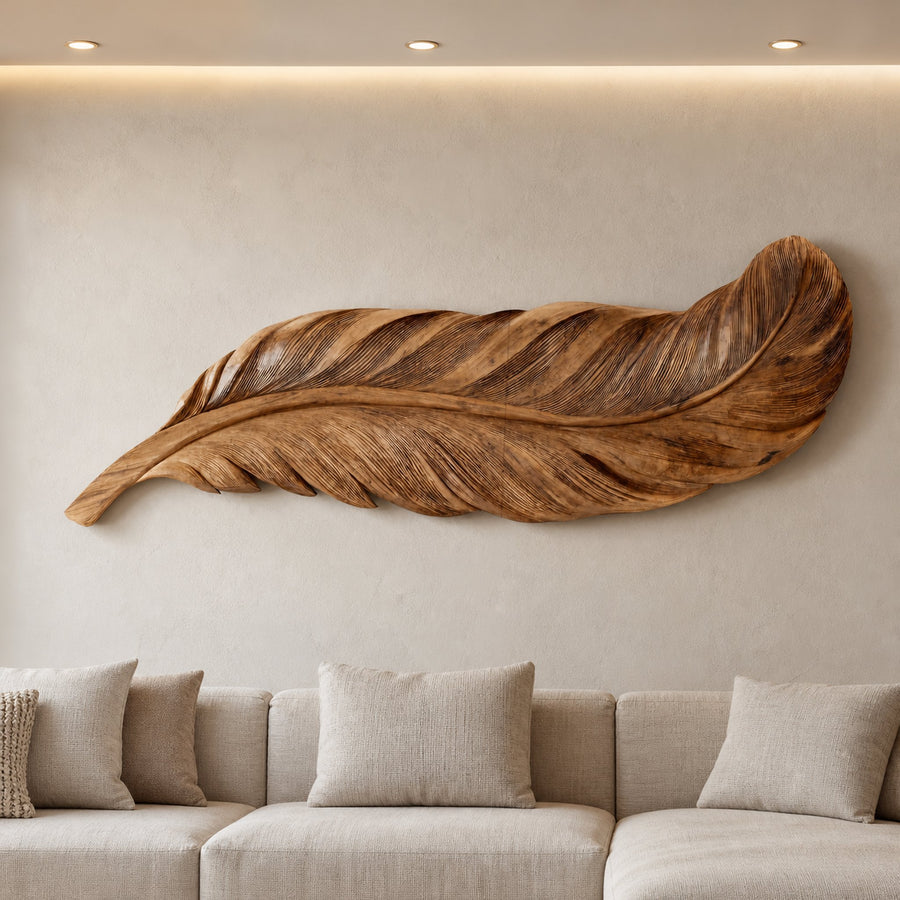 Organic Carved Feather Wall Art For Modern Living Room