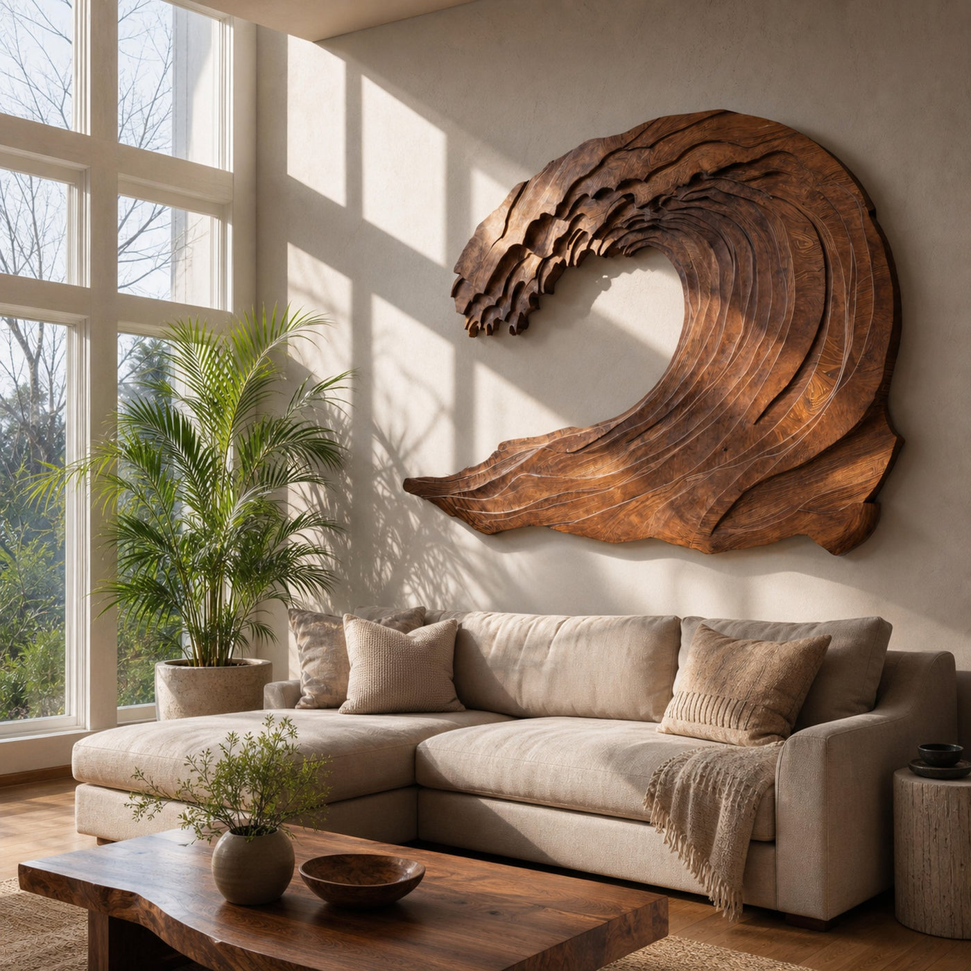 Organic Carved Wave Wall Art Above Sofa For Living Room