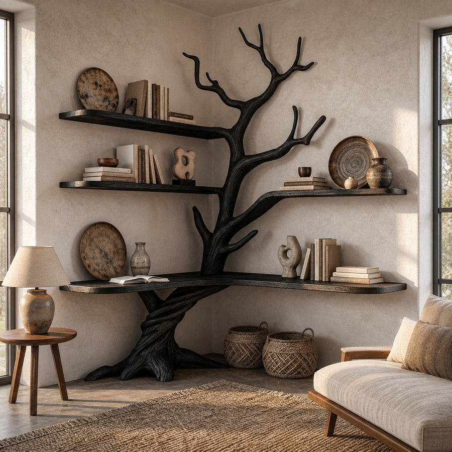 Organic Corner Desk With Sculptural Tree Branch Shelving For Home Office And Workspace