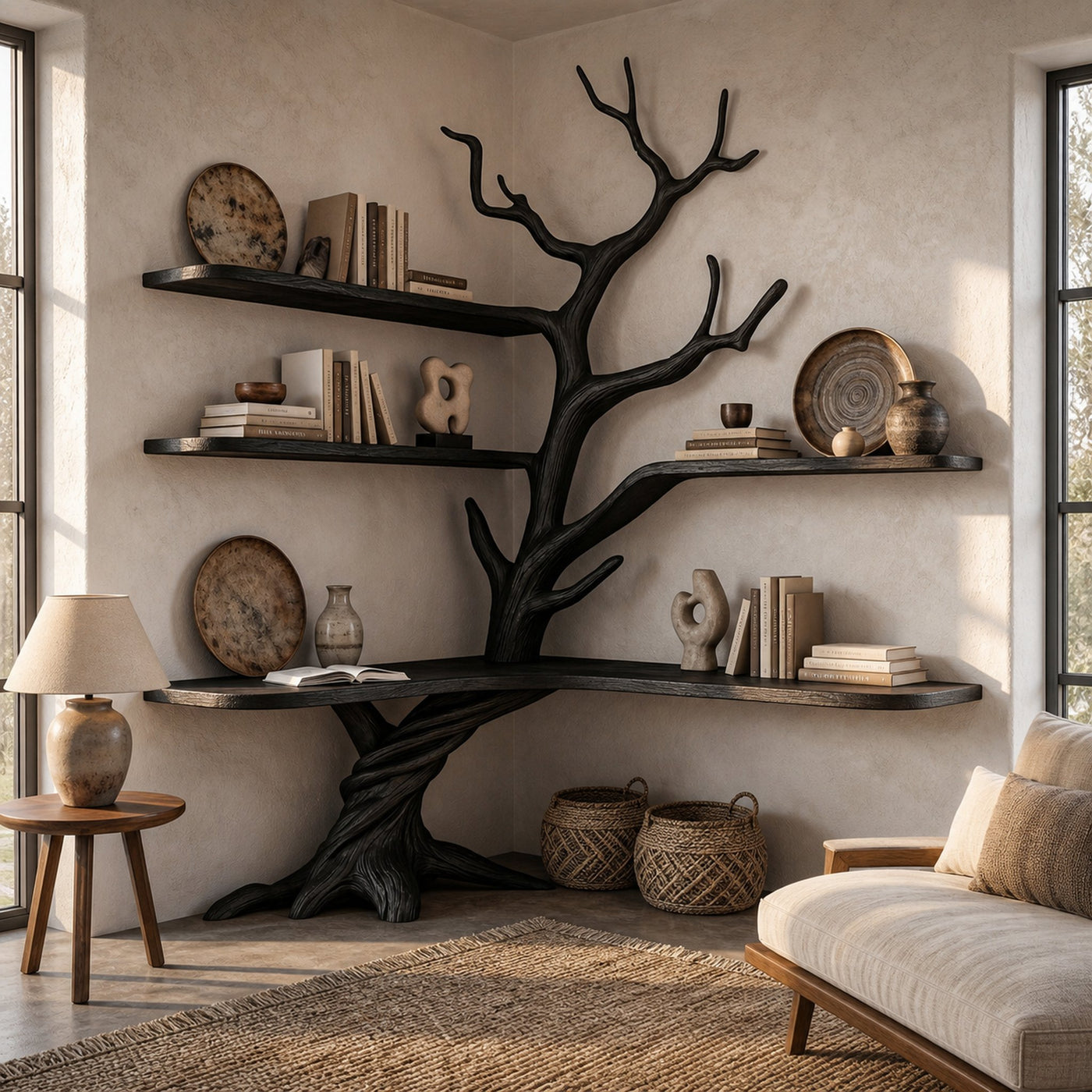 Organic Corner Desk With Sculptural Tree Branch Shelving For Home Office And Workspace