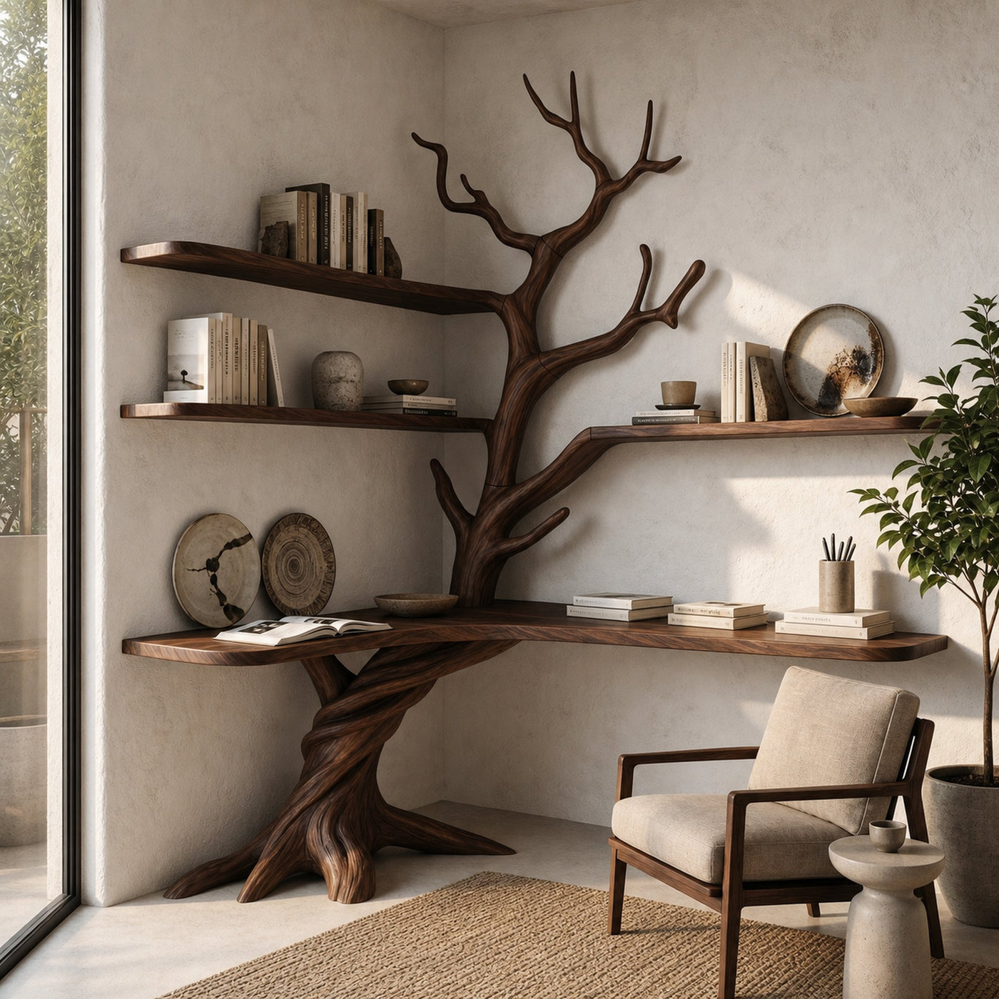 Organic Corner Desk With Sculptural Tree Branch Shelving For Home Office And Workspace - product view 7
