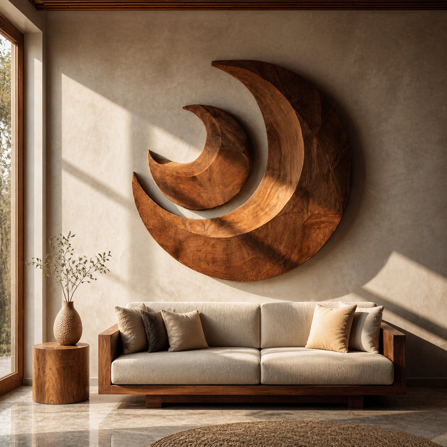 Organic Crescent Moon Wood Wall Art For Living Room