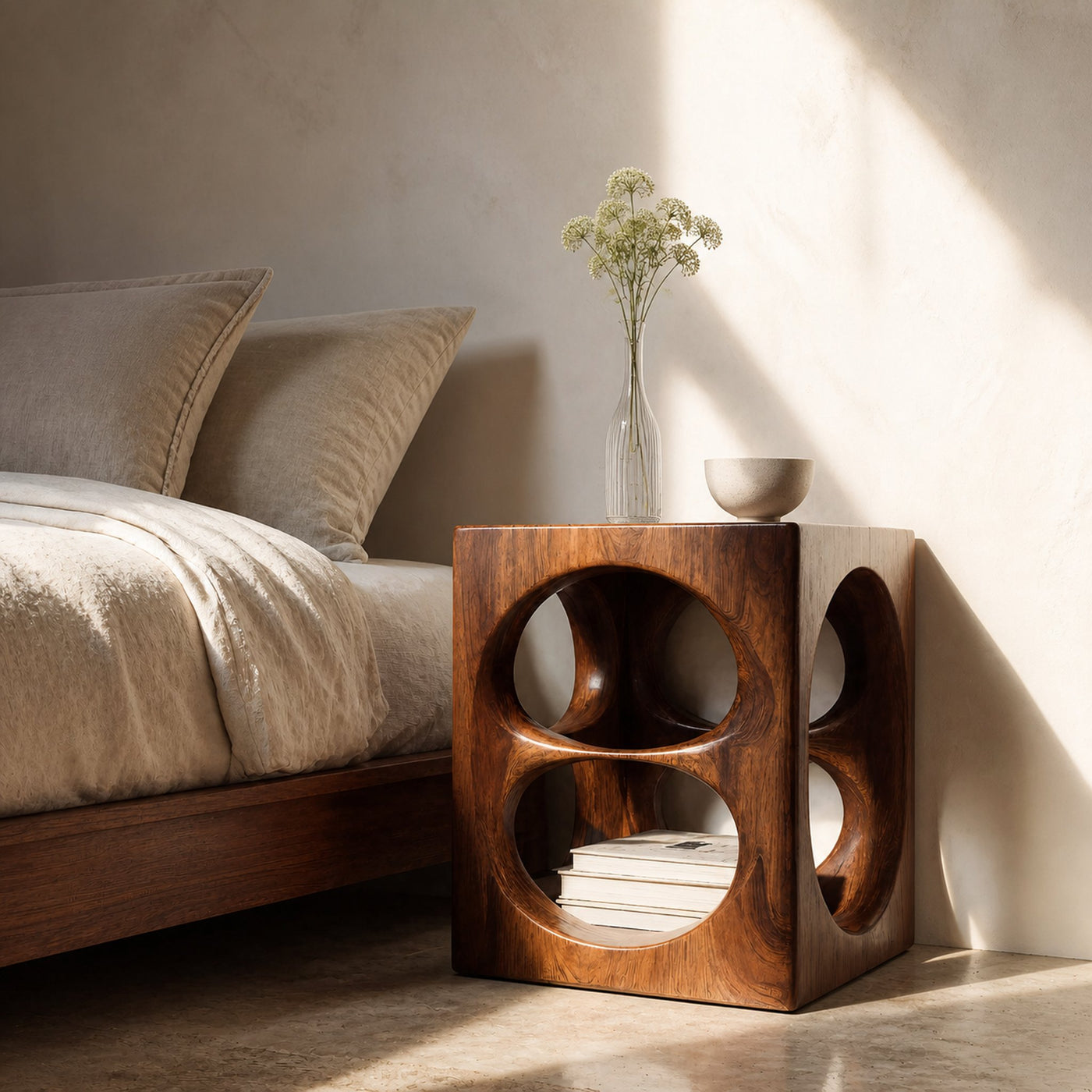 Organic Cube Nightstand With Open Storage For Bedroom
