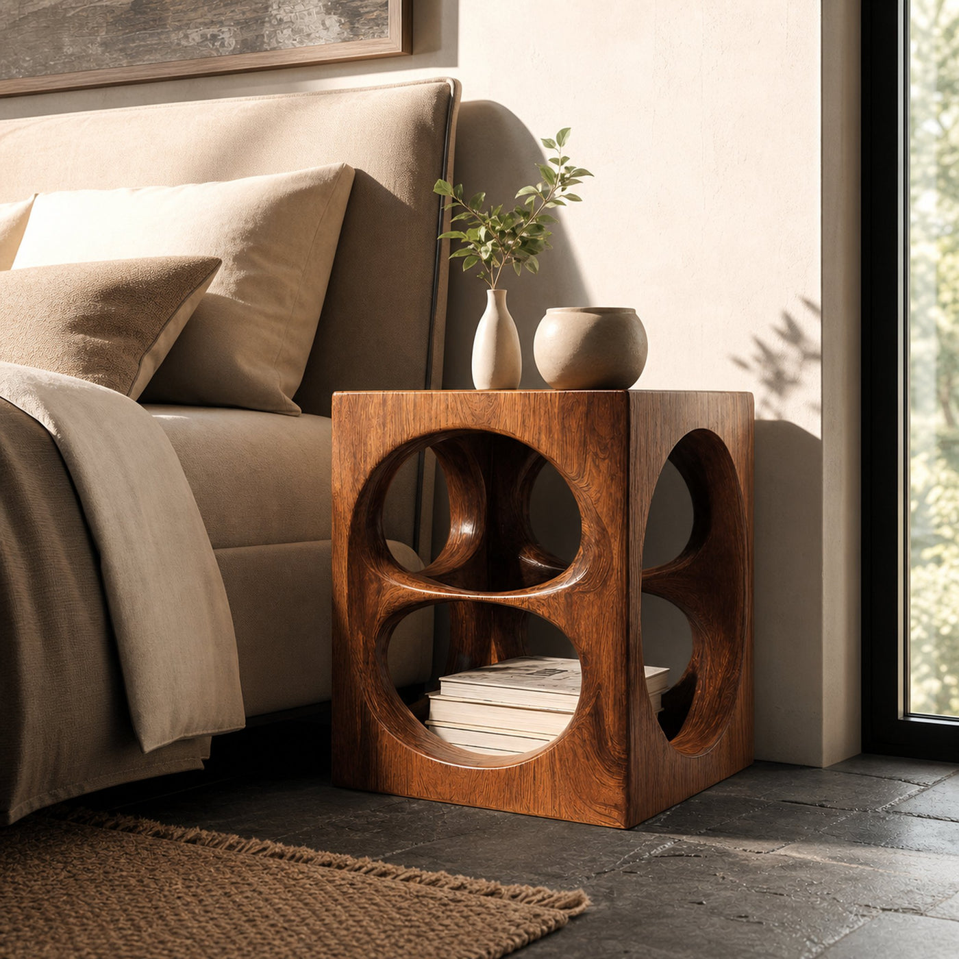 Organic Cube Nightstand With Open Storage For Bedroom - product view 2