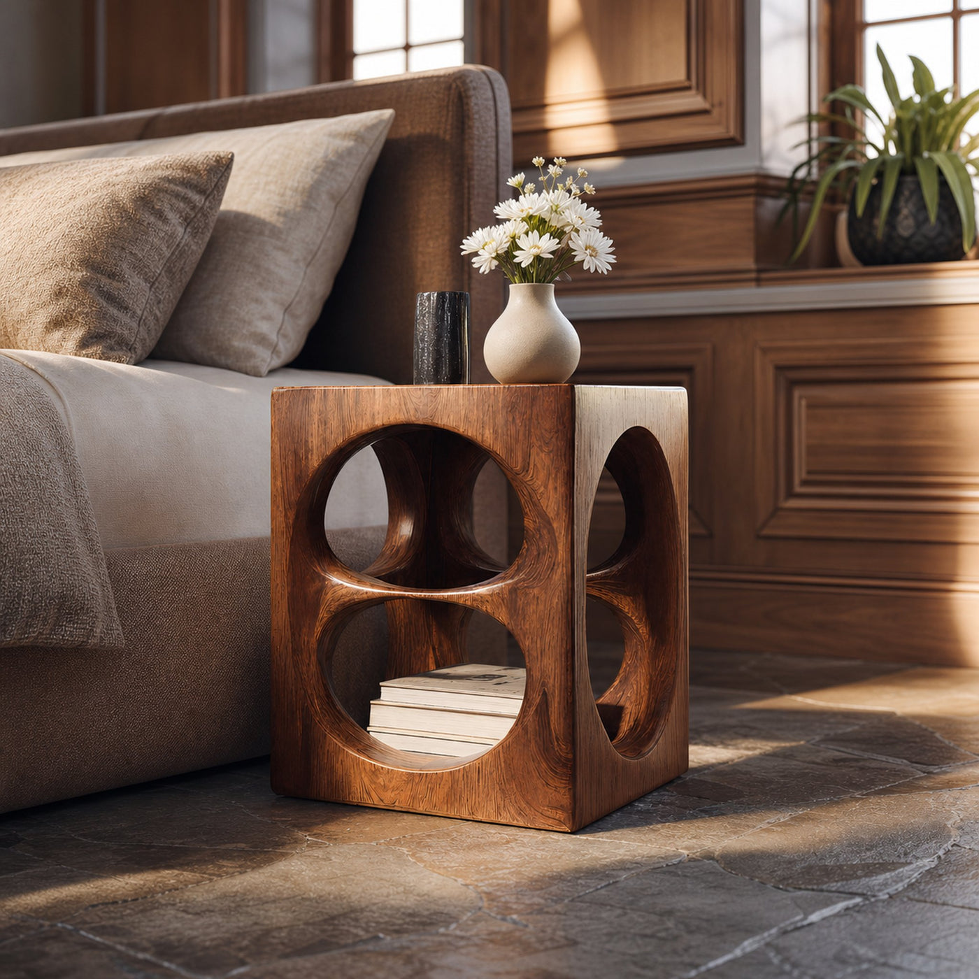 Organic Cube Nightstand With Open Storage For Bedroom - product view 3