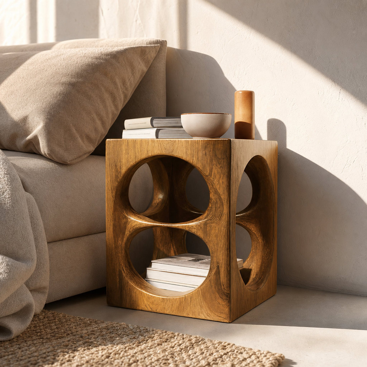 Organic Cube Nightstand With Open Storage For Bedroom - product view 4