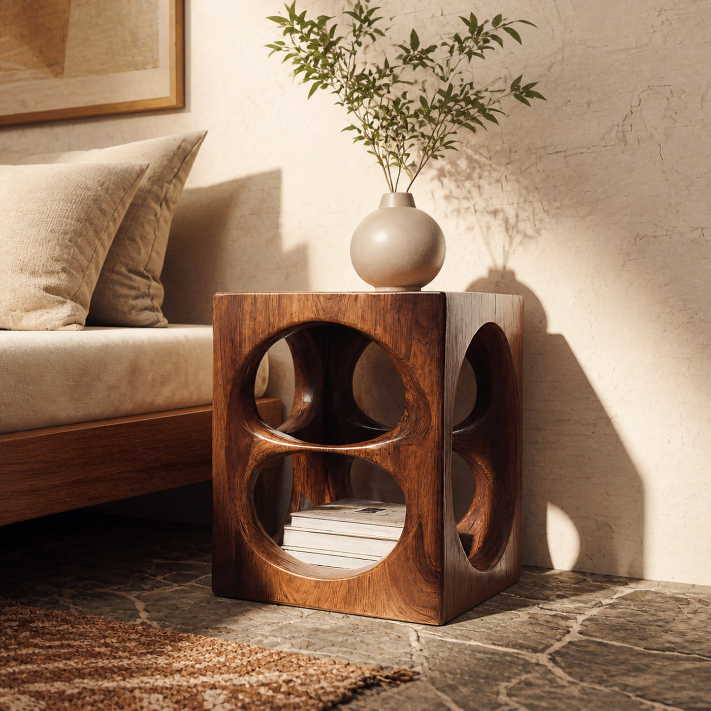 Organic Cube Nightstand With Open Storage For Bedroom - product view 5