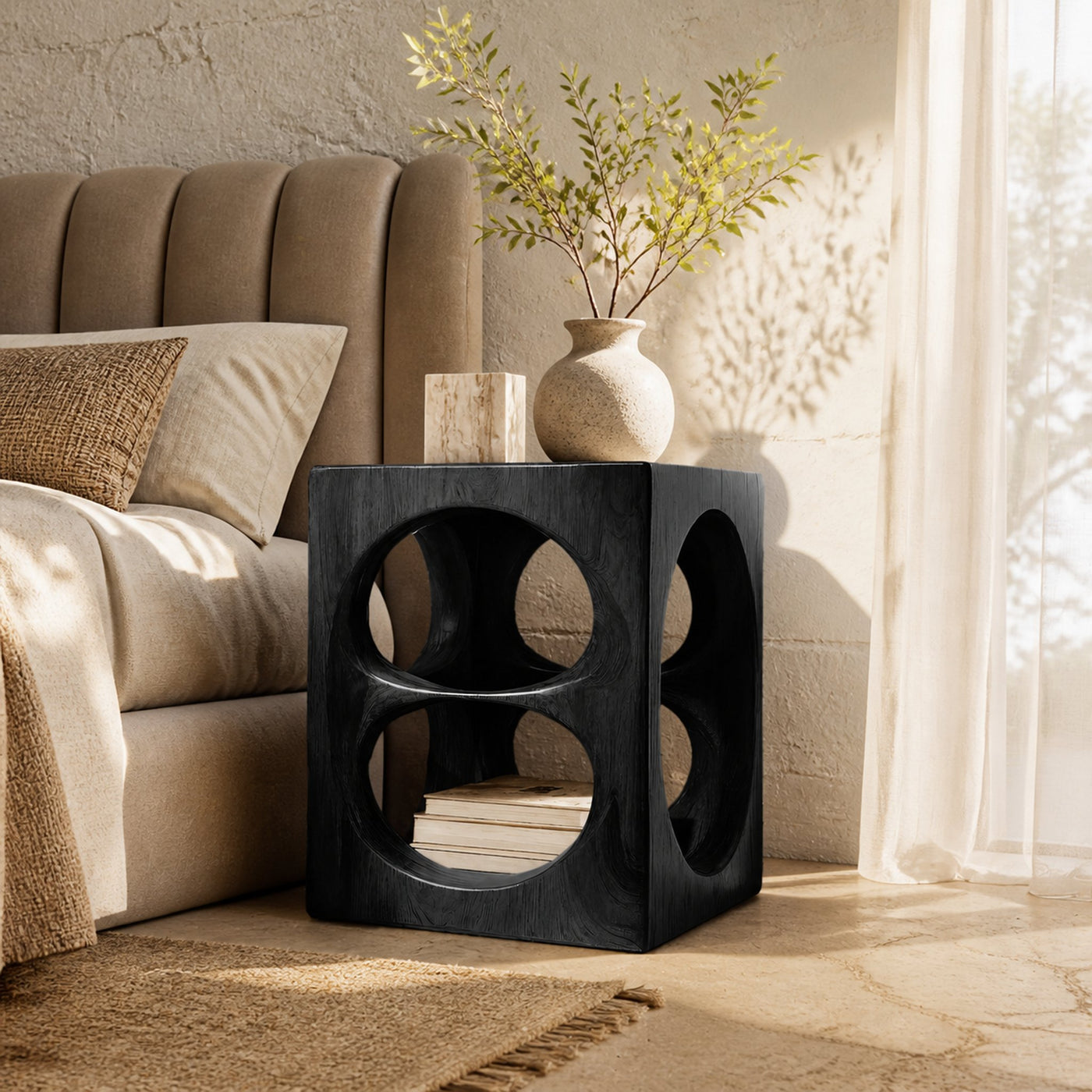 Organic Cube Nightstand With Open Storage For Bedroom - product view 7