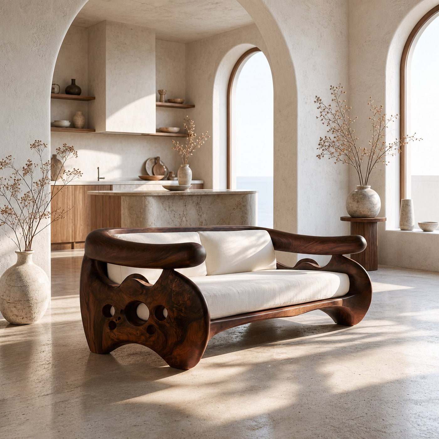 Organic Curved Sofa With Sculptural Wooden Base For Living Room