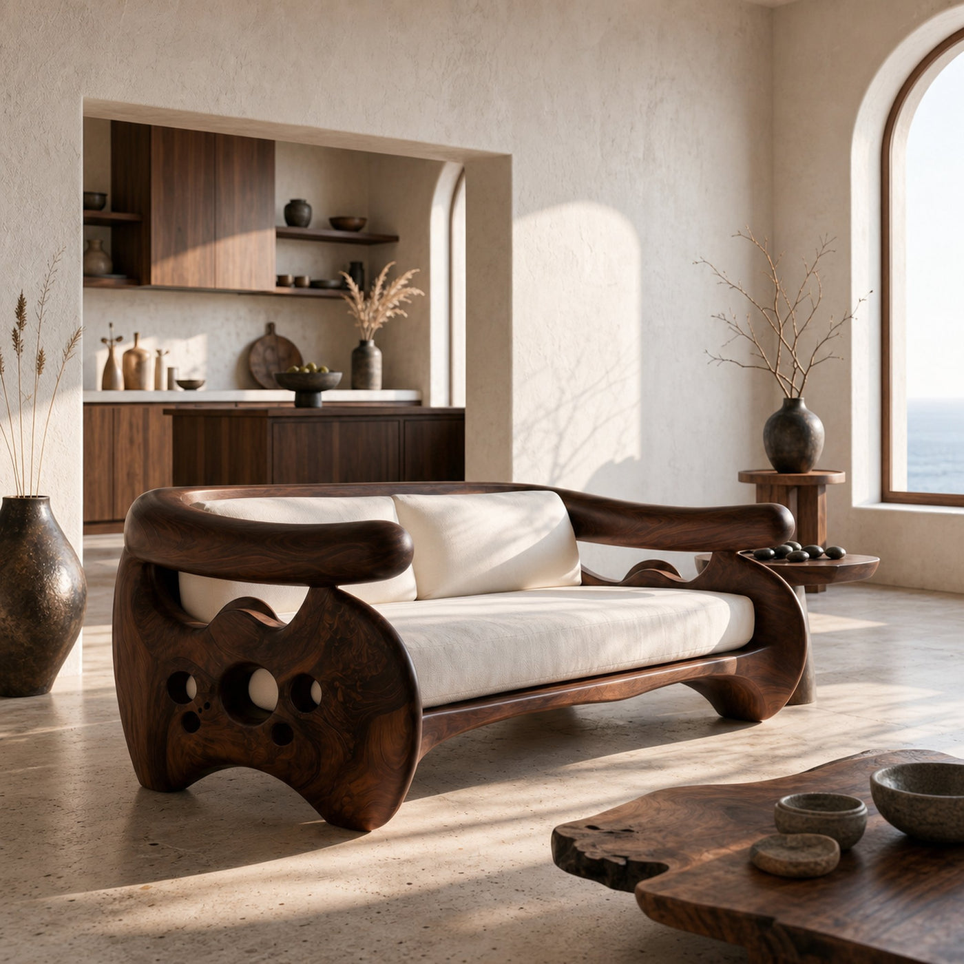 Organic Curved Sofa With Sculptural Wooden Base For Living Room - product view 7