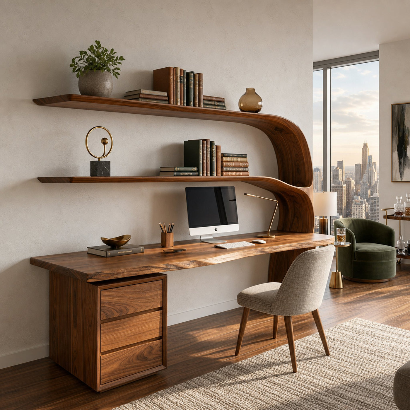 Organic Desk With Curved Shelf And Drawer For Study Room