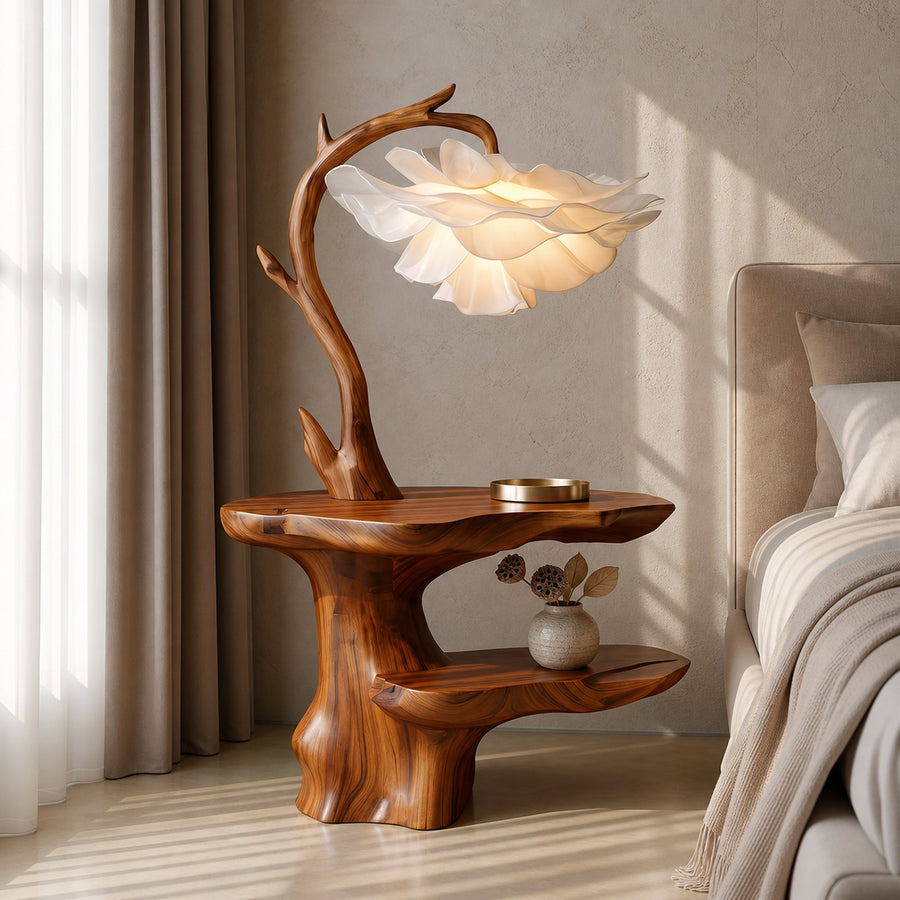 Organic End Table With Flower Lamp And Tree Branch Design For Bedroom And Reading Nook