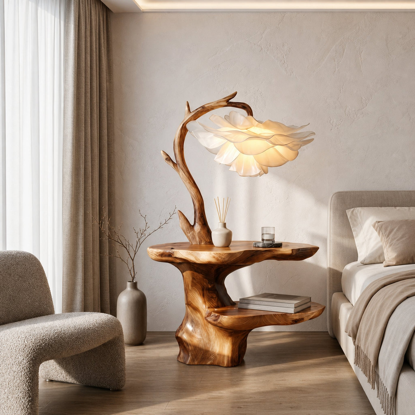 Organic End Table With Flower Lamp And Tree Branch Design For Bedroom And Reading Nook - product view 6