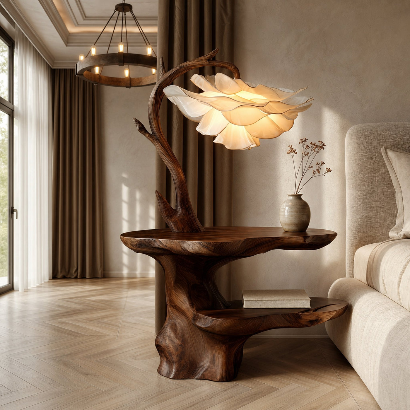 Organic End Table With Flower Lamp And Tree Branch Design For Bedroom And Reading Nook - product view 7
