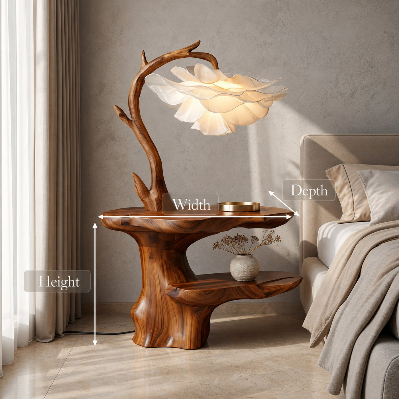 Organic End Table With Flower Lamp And Tree Branch Design For Bedroom And Reading Nook - product view 8