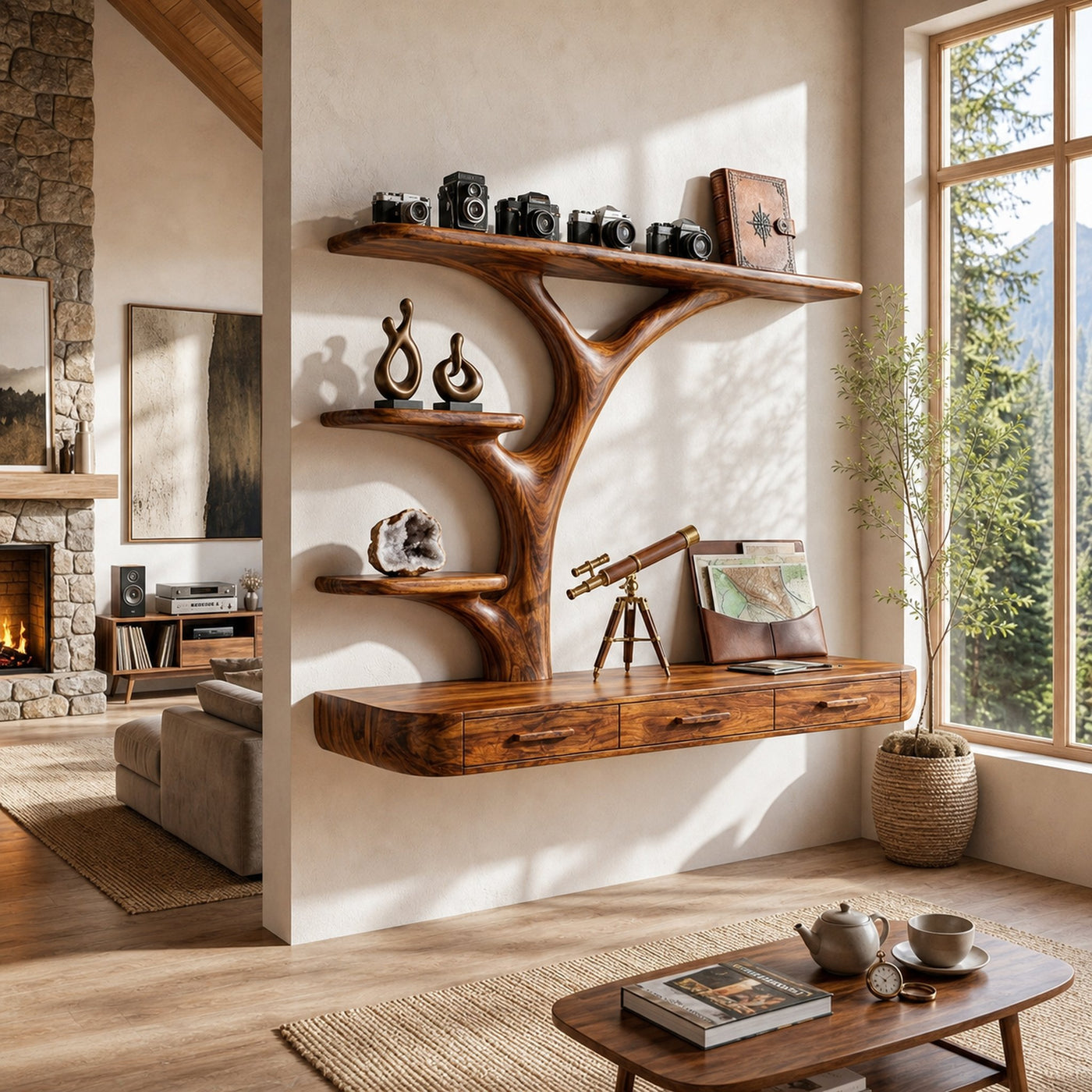 Organic Floating Desk With Branch Shaped Open Shelves For Workspace