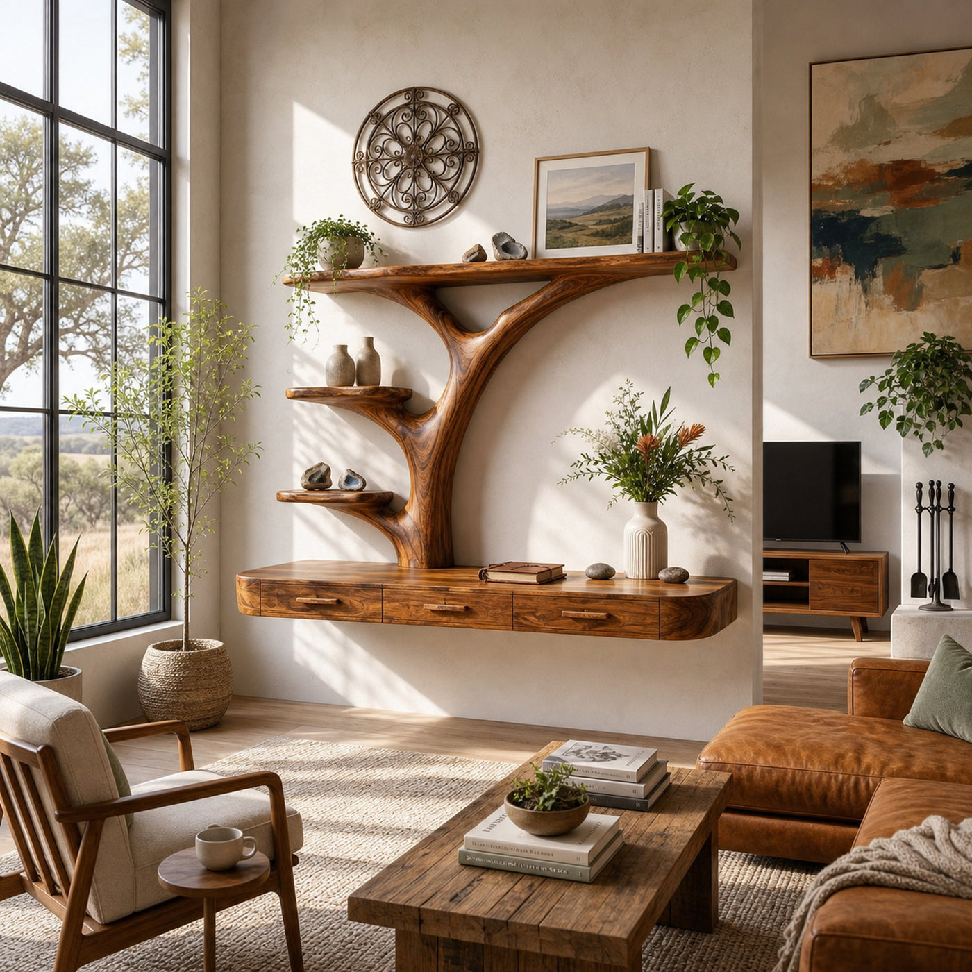 Organic Floating Desk With Branch Shaped Open Shelves For Workspace - product view 6