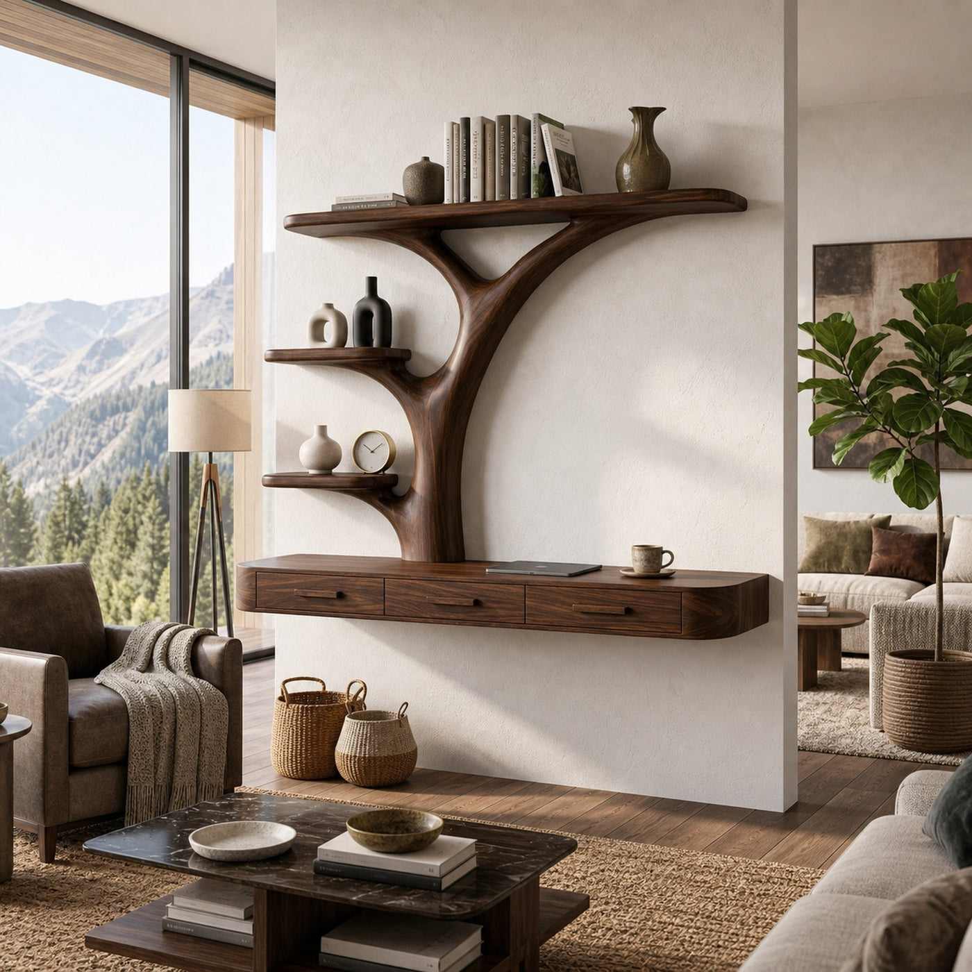 Organic Floating Desk With Branch Shaped Open Shelves For Workspace - product view 7