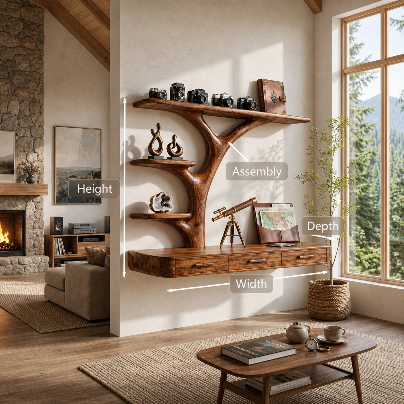 Organic Floating Desk With Branch Shaped Open Shelves For Workspace - product view 8