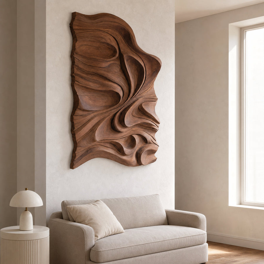 Organic Flowing Carved Wood Art Panel For Living Room