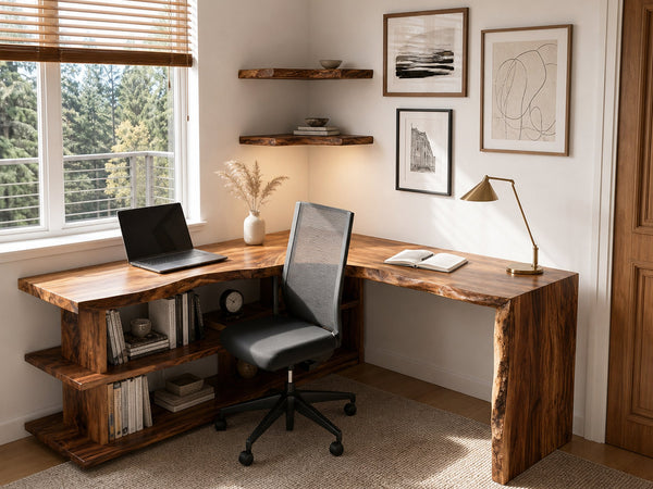 Organic L-Shaped Desk With Shelving For Home Office