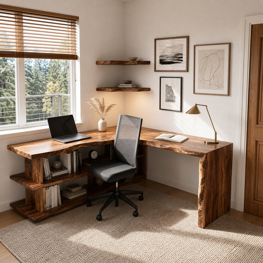 Organic L-Shaped Desk With Shelving For Home Office